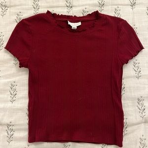 Top Shop Burgundy Lettuce Trim Knit High Rise Top